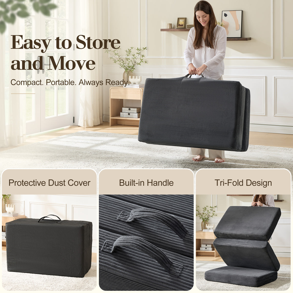 Fold 6-Inch Tri-Fold Folding Mattress-Twin-Grey