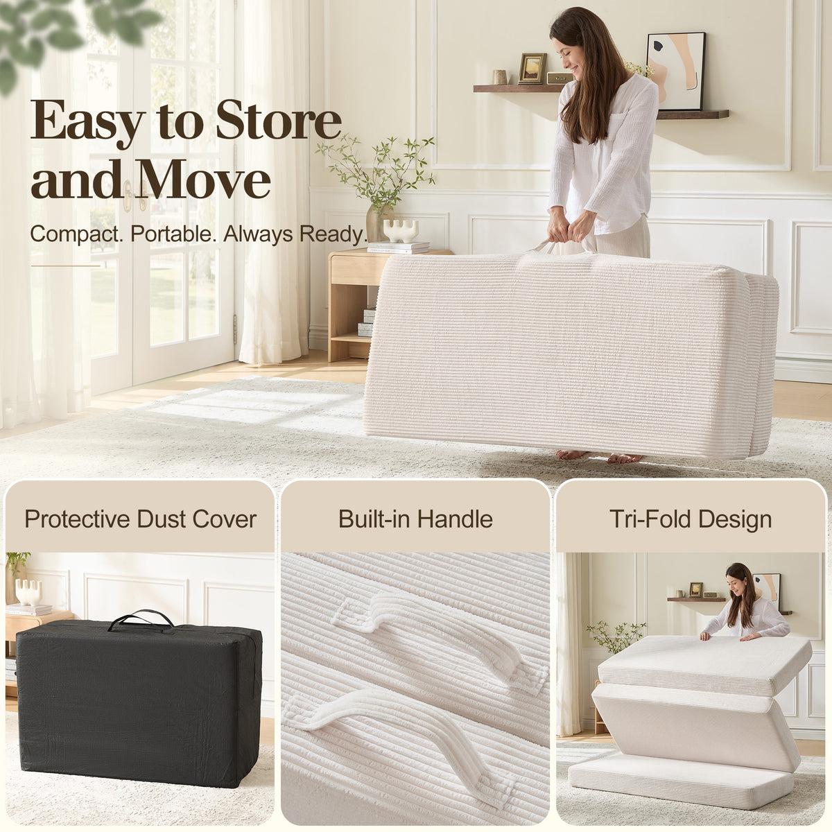 Fold 6-Inch Tri-Fold Folding Mattress-Queen-Beige