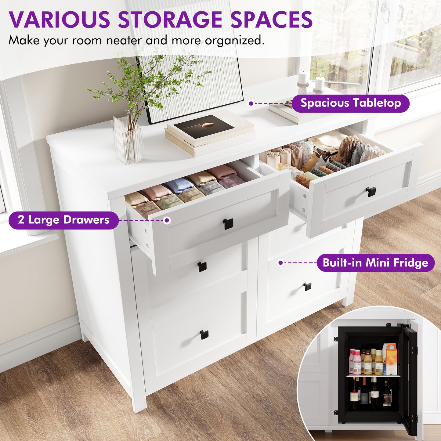 Faux 41" Dresser with Built-in Mini Fridge -White