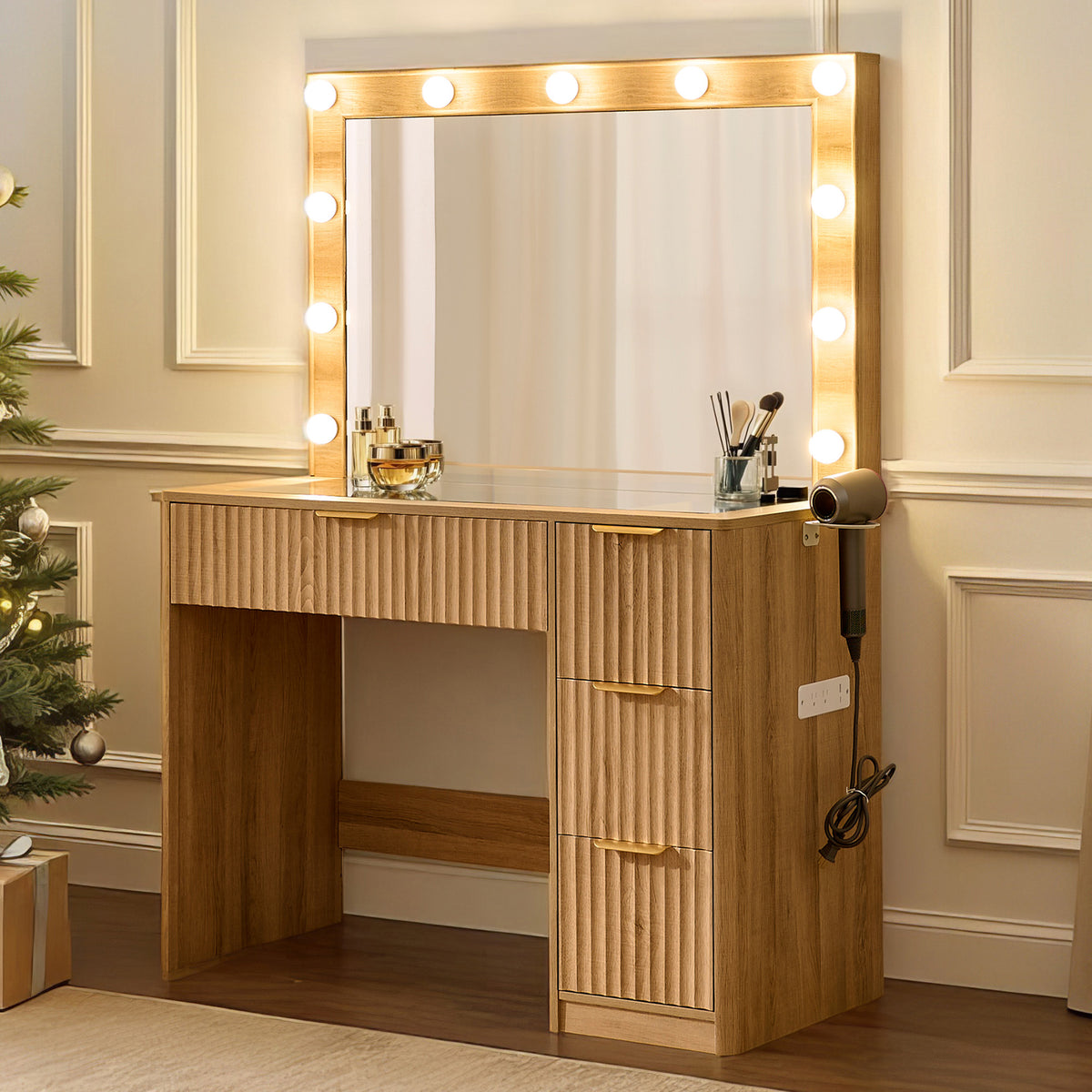 Glow 36.2" Fluted Vanity Desk Amerlife Natural Wood