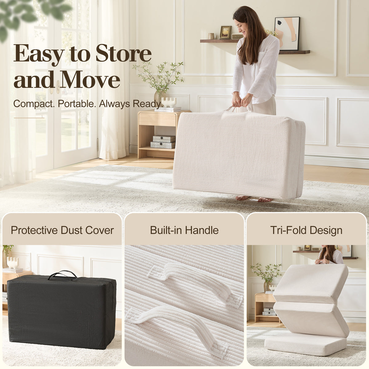 Fold 6-Inch Tri-Fold Folding Mattress-Twin-Beige