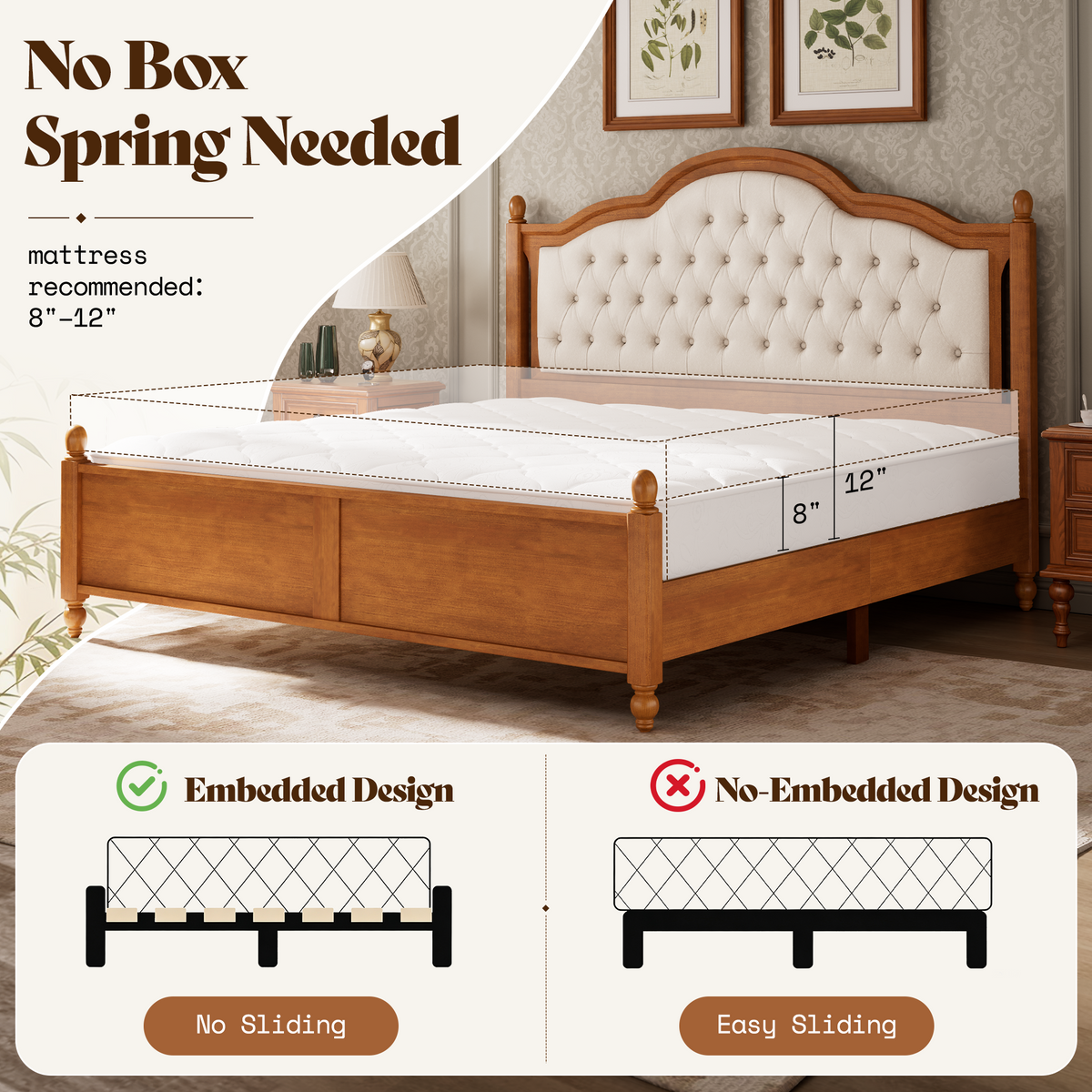 Astor Solid Wood Bed Frame with Upholstered Headboard