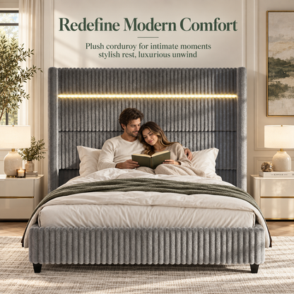 Warren Upholstered Bed Frame with LED Lights-King-Grey