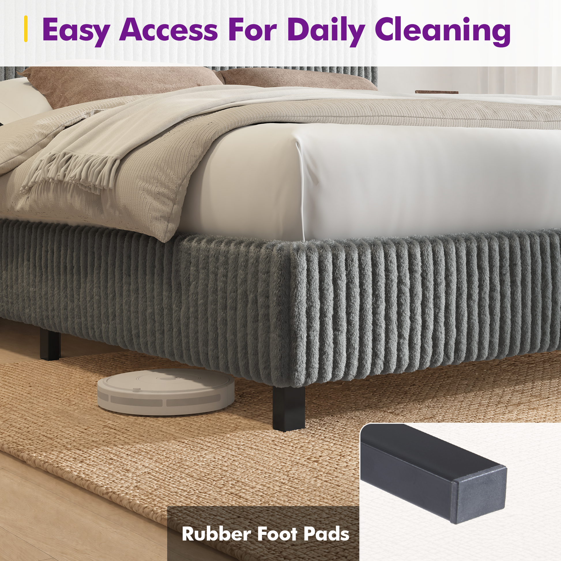 Velmure Corduroy Platform Bed Frame  Queen / Grey
