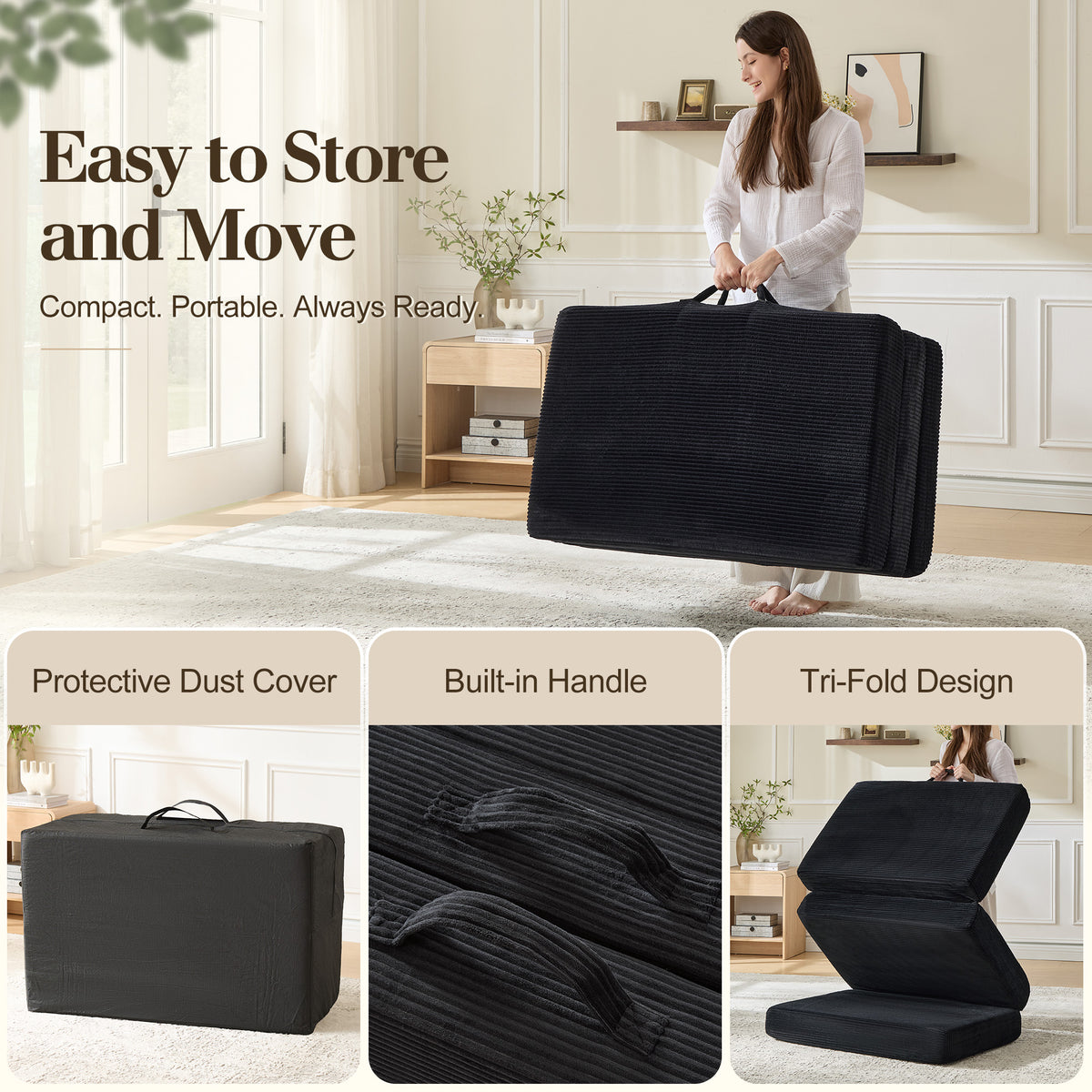 Fold 6-Inch Tri-Fold Folding Mattress-Twin-Black