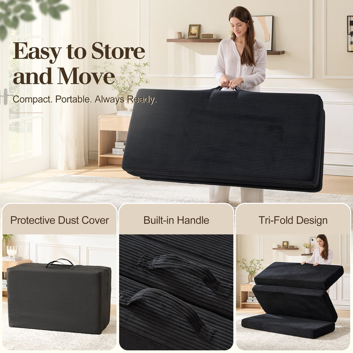 Fold 6-Inch Tri-Fold Folding Mattress-Queen-Black