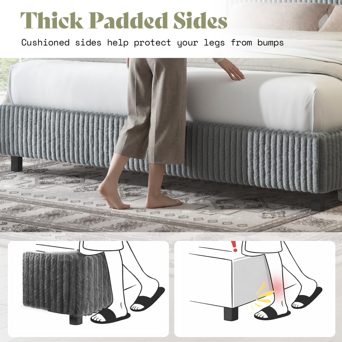 Velmure Corduroy Platform Bed Frame-King-Grey