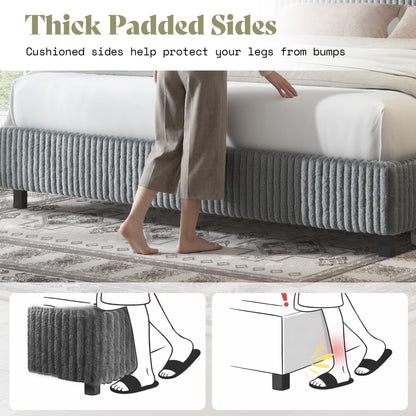 Velmure Corduroy Platform Bed Frame-King-Grey