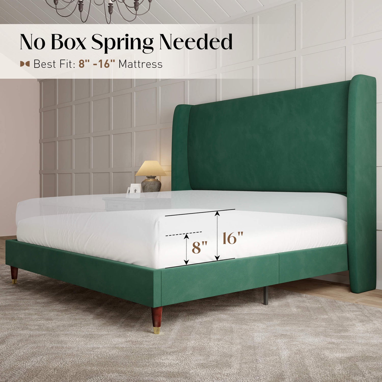 Lanner Bed Frame with Velvet Headboard Amerlife Green
