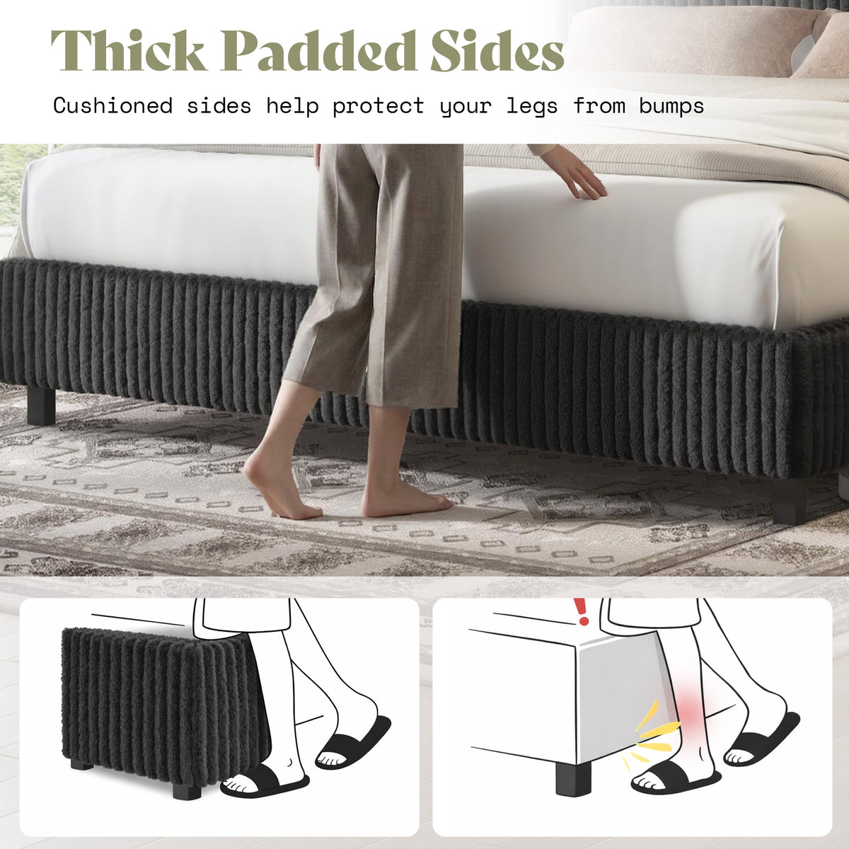 Velmure Corduroy Platform Bed Frame-Queen-Black
