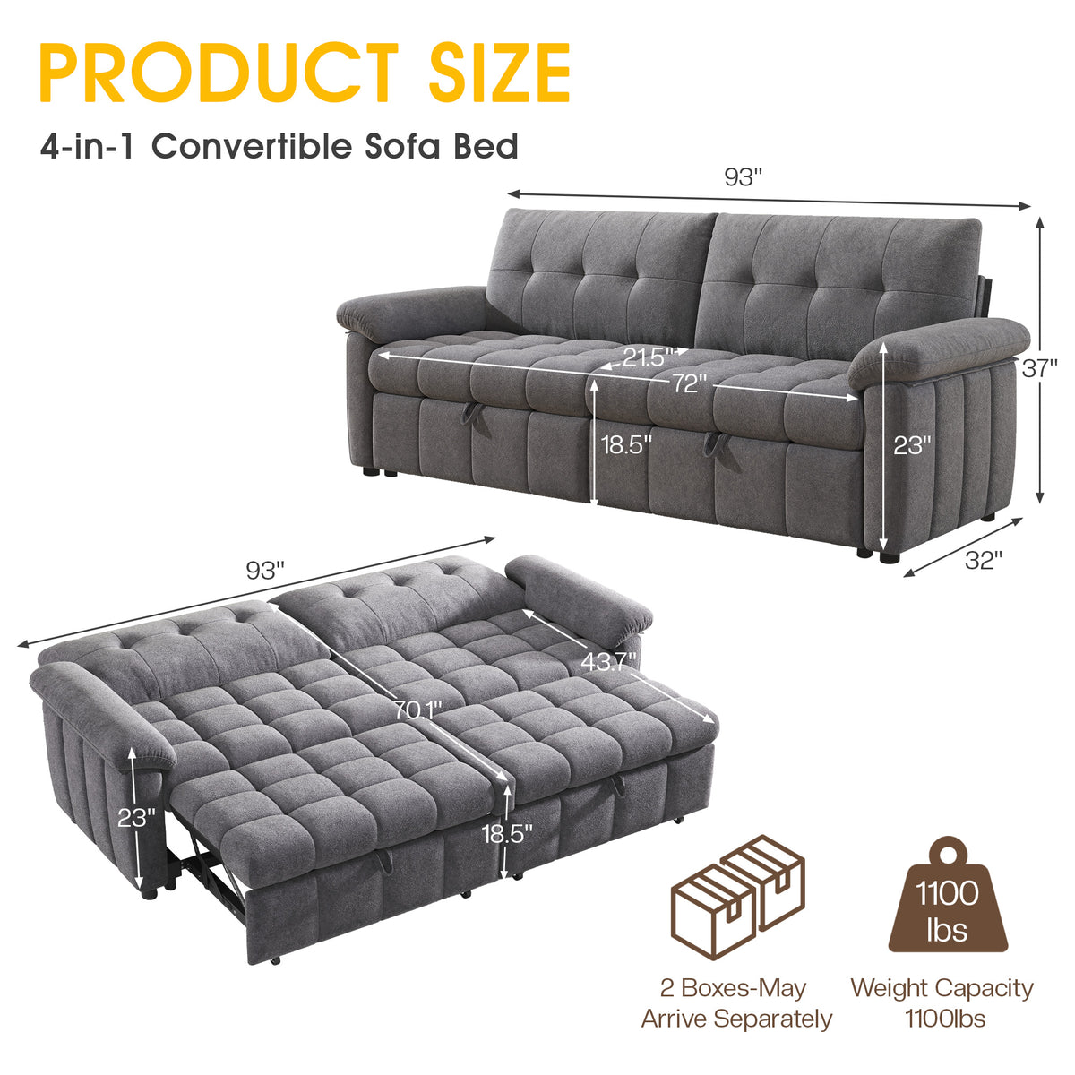 Recline 93" Convertible Sleeper Sofa -Gray