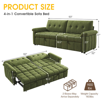 Recline 93" Convertible Sleeper Sofa -Green