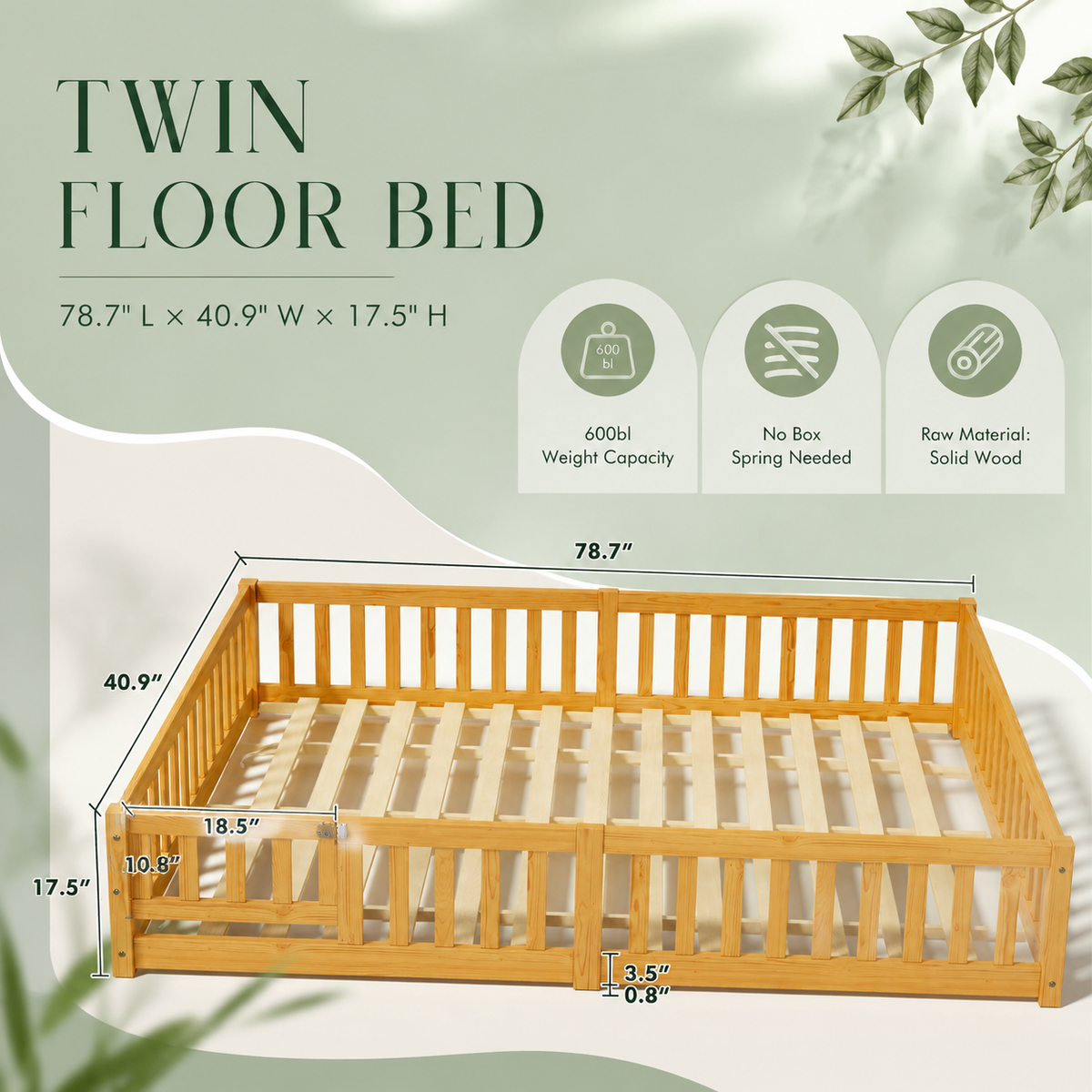 Solid Wood Kids Floor Bed with Safety Rails