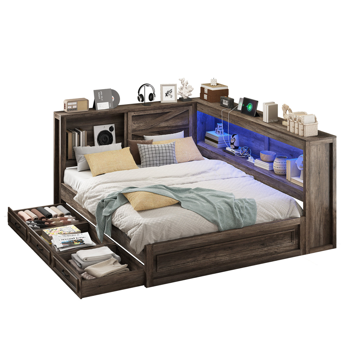 Slide Farmhouse Corner Bed Frame Amerlife Rustic Gray / Full