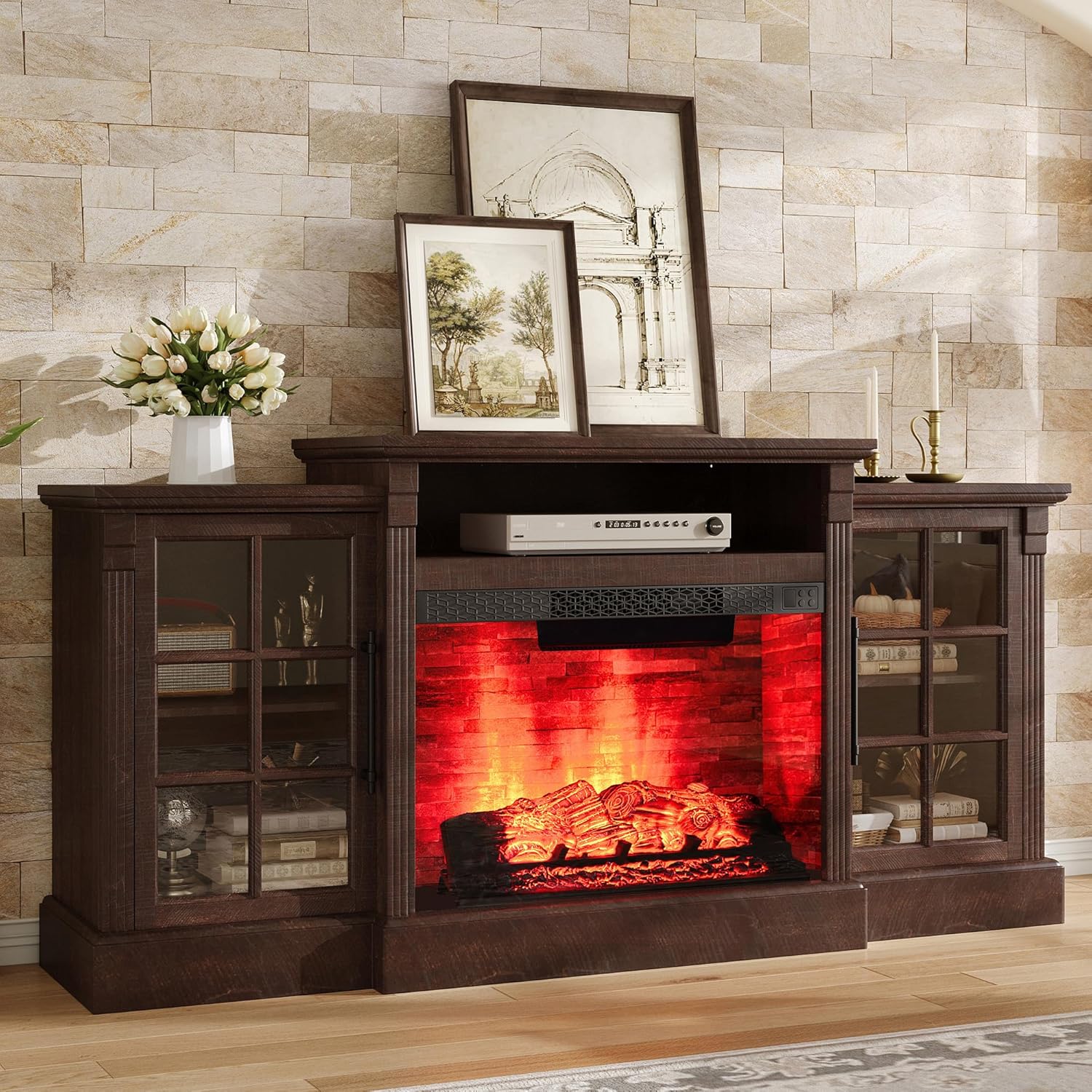 Everwood 70" Fireplace TV Stand Amerlife Rustic Brown