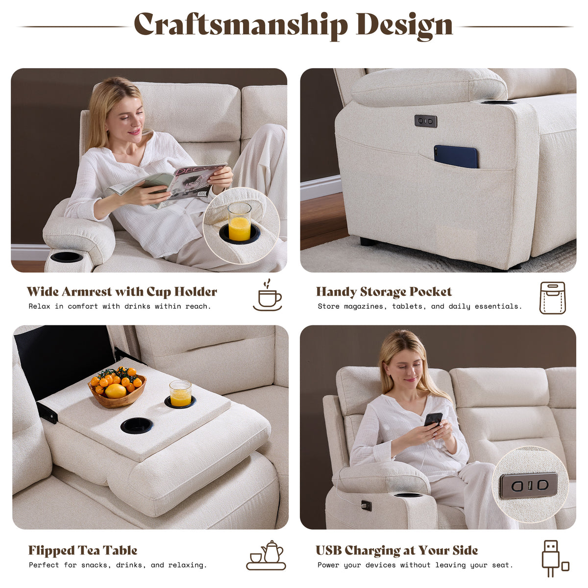 L-Shaped Power Reclining Sectional Sofa with Console-3-Seat with Flip Console-Beige