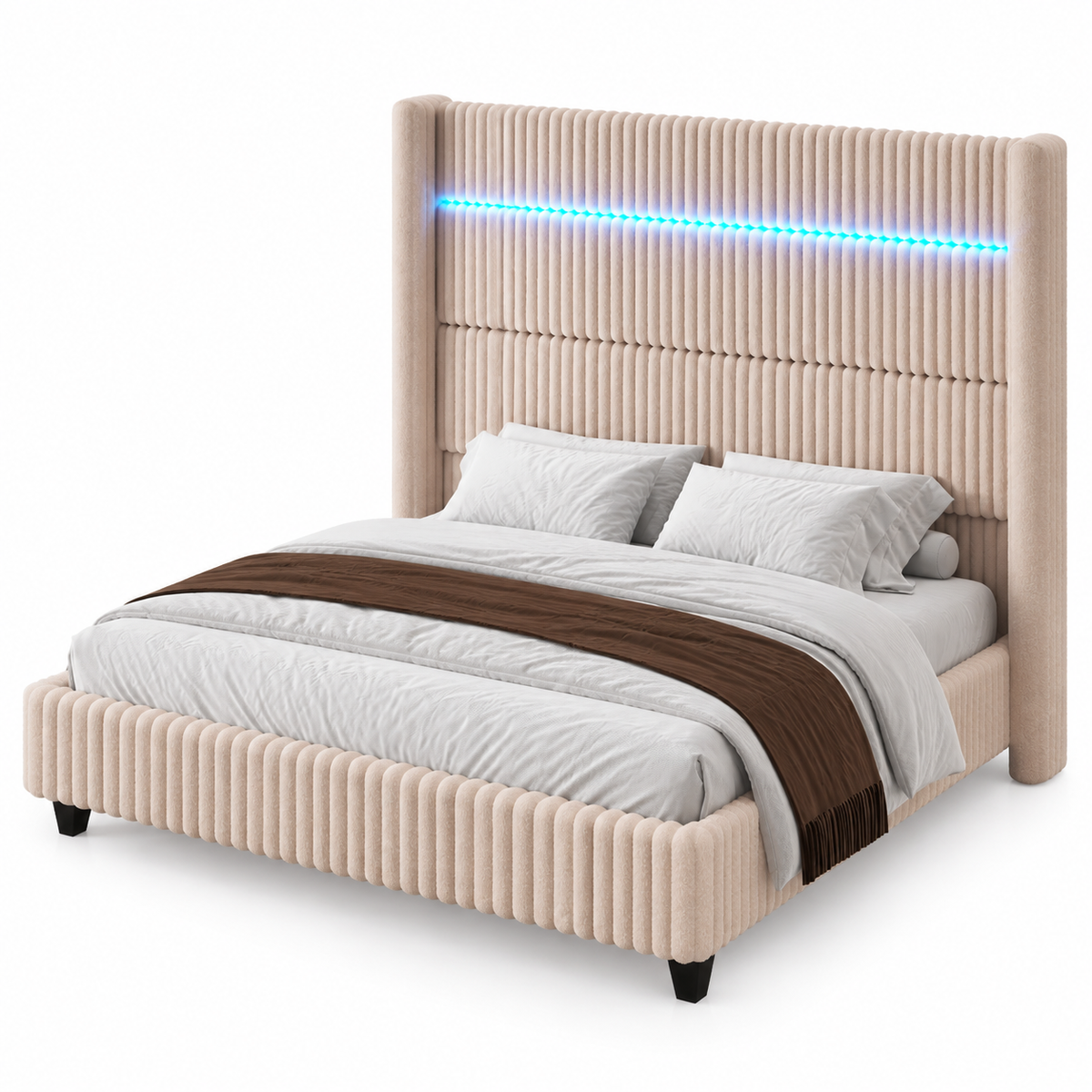 Warren Upholstered Bed Frame with LED Lights-King-Beige