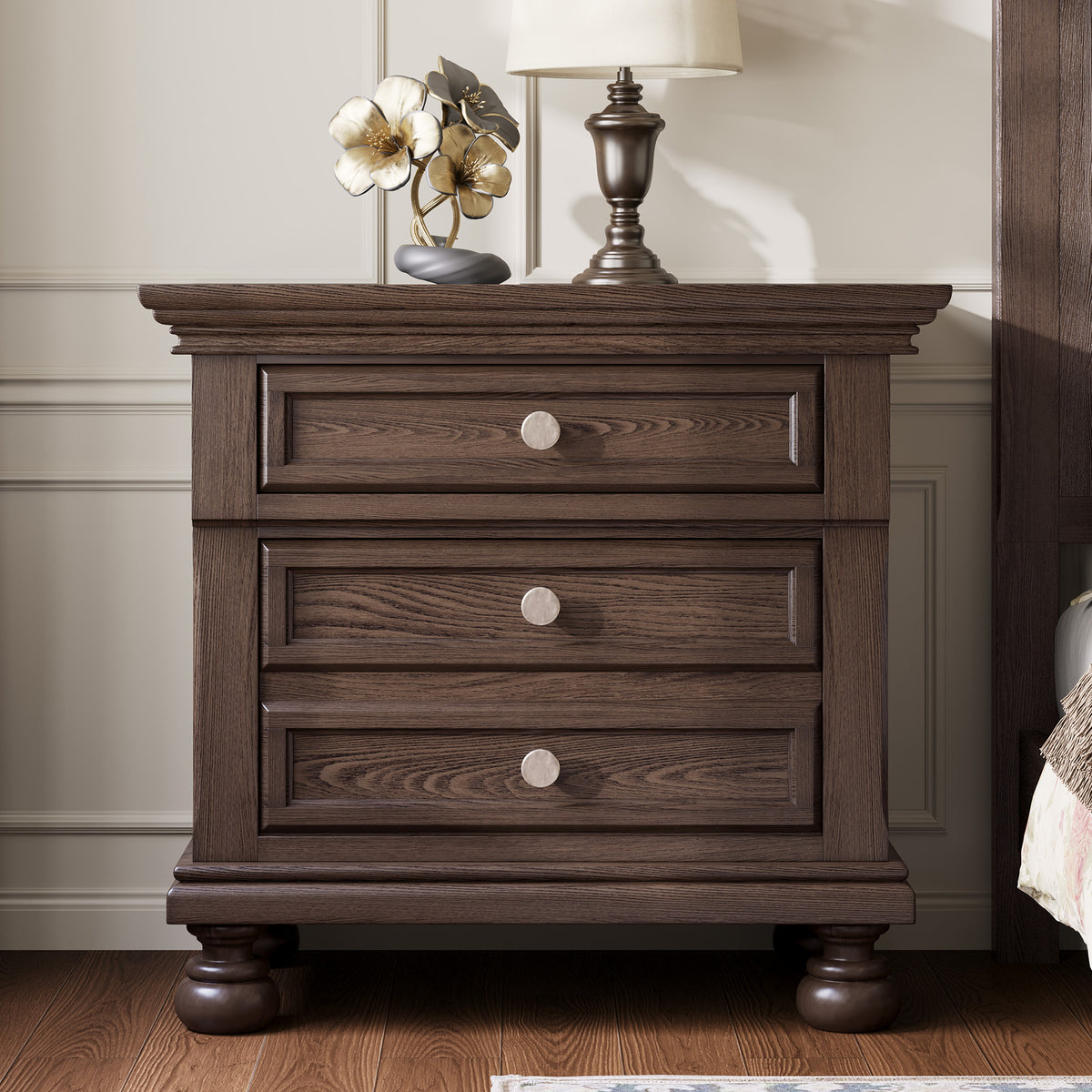 Bobbin Dark Solid Wood Nightstands Set-Dark Walnut-2-Piece Set