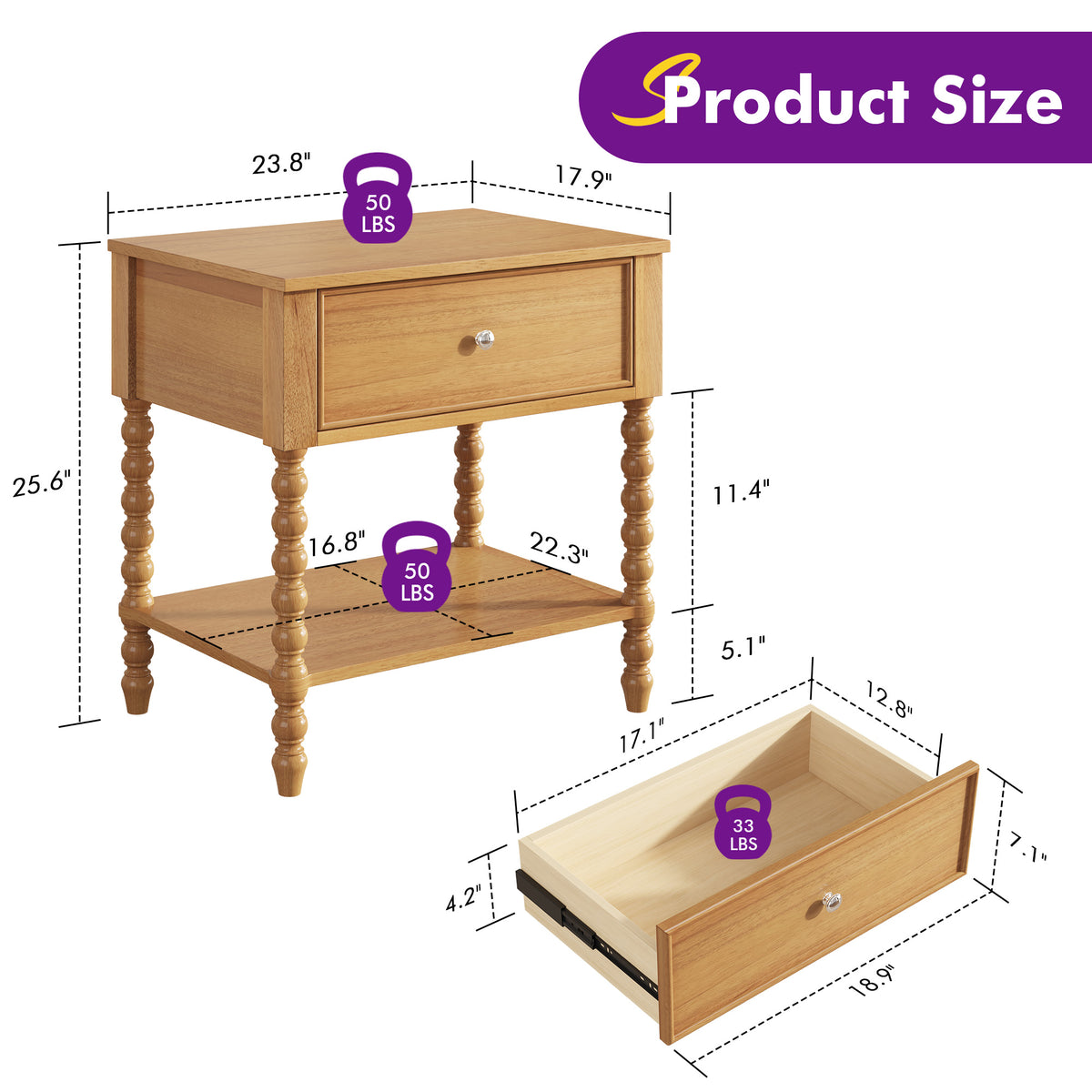Spindle Solid Wood Nightstand  Natural Wood / 2PC