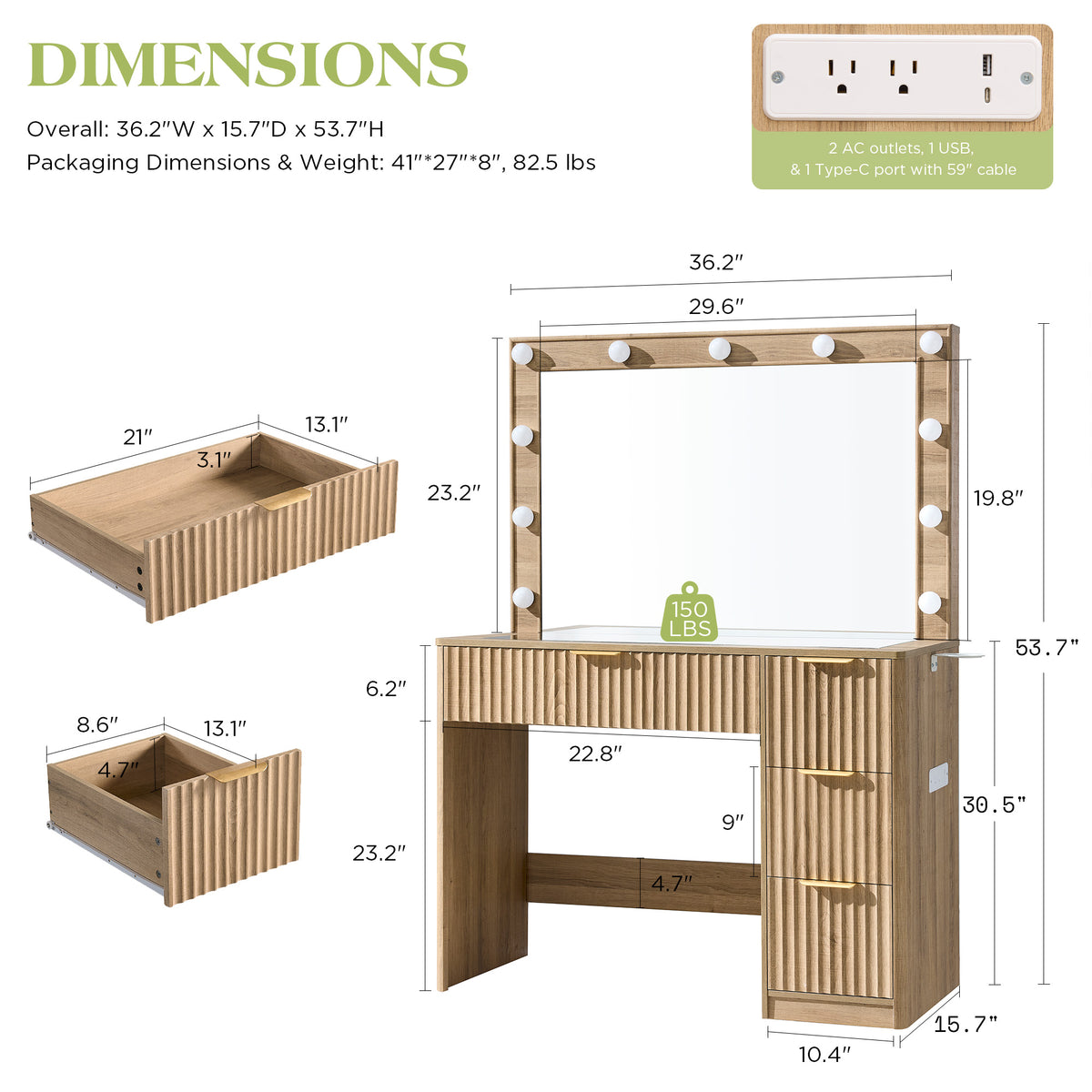 Glow 36.2" Fluted Vanity Desk Amerlife Natural Wood