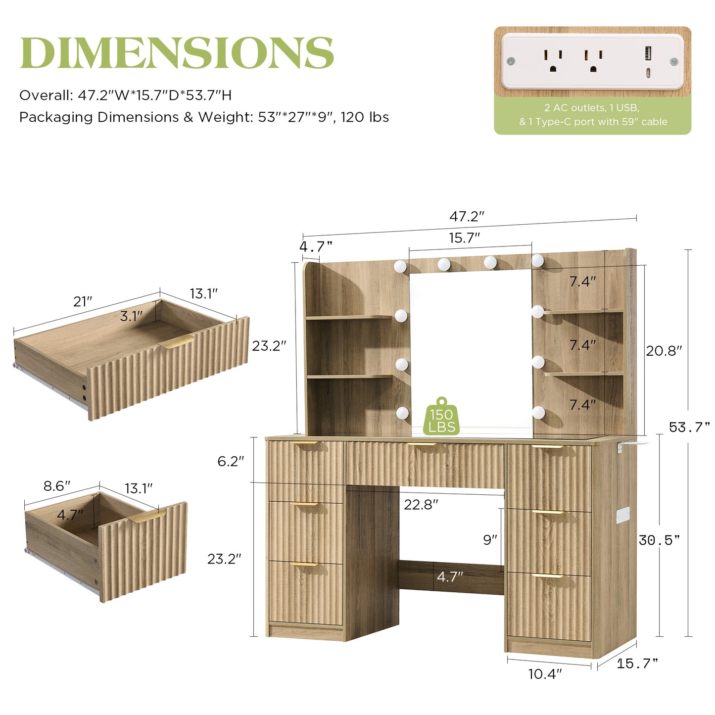 Glow 47.2" Fluted Vanity Desk Amerlife Natural Wood