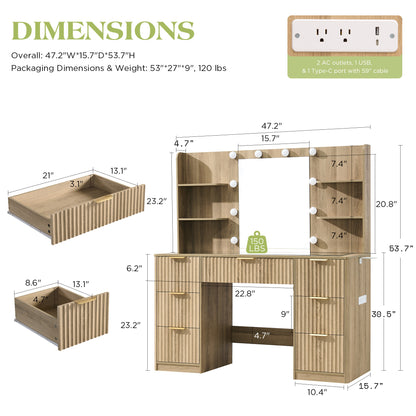 Glow 47.2" Fluted Vanity Desk Amerlife Natural Wood
