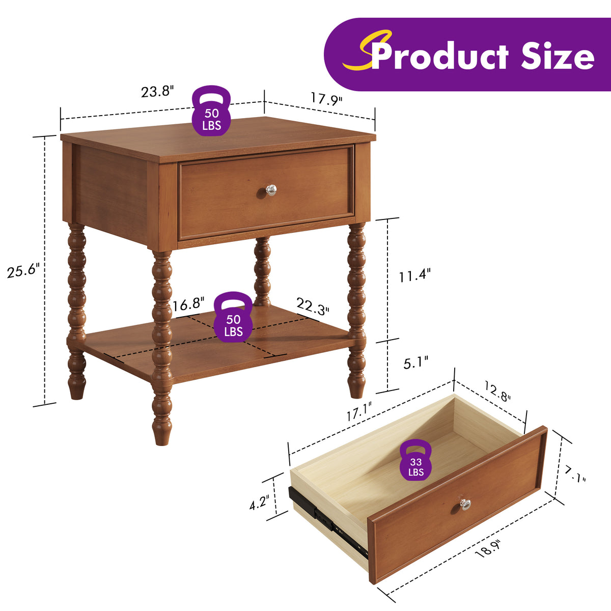 Spindle Solid Wood Nightstand  Brown / 2PC