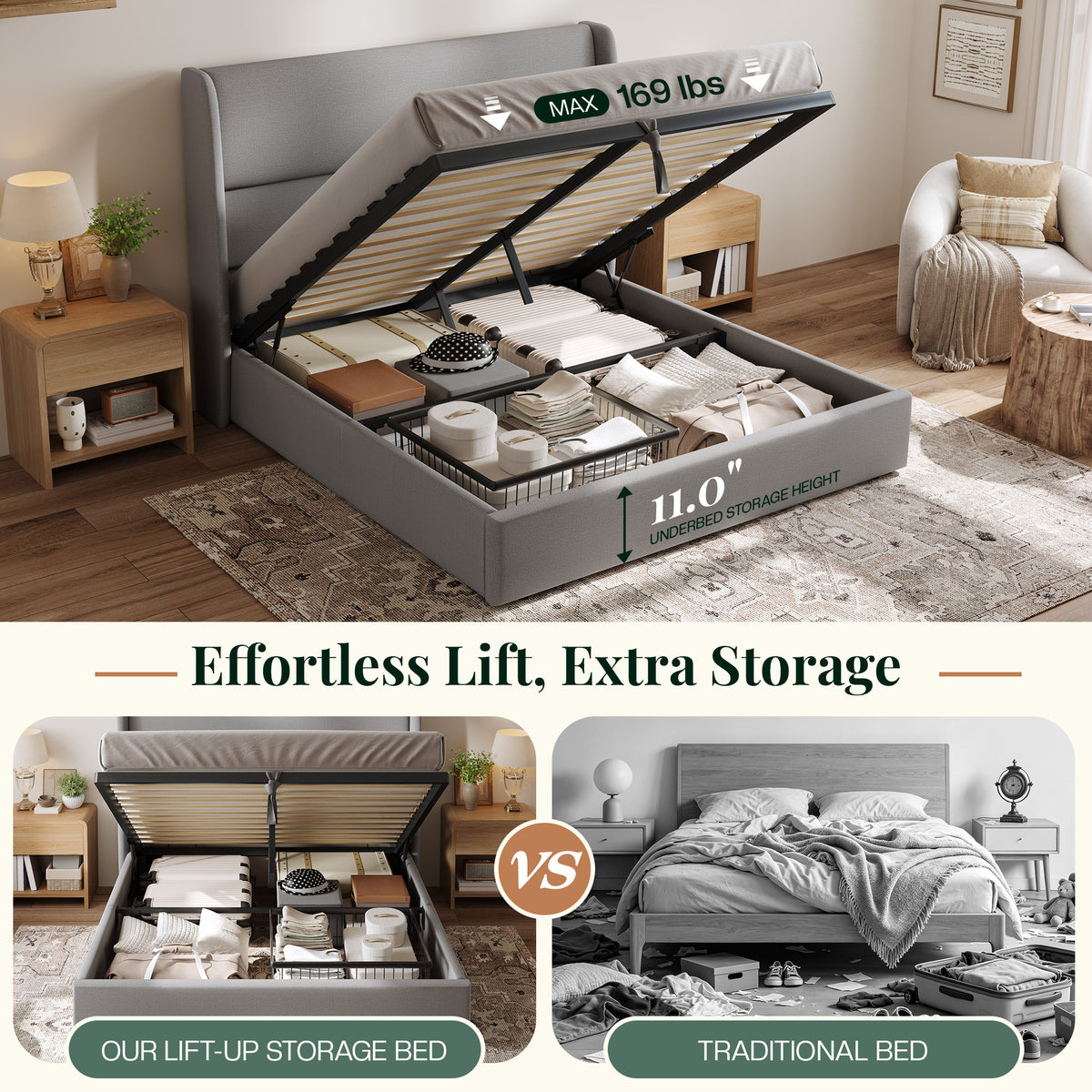 Haven Upholstered Hydraulic Storage Bed Frame-King-Light Grey