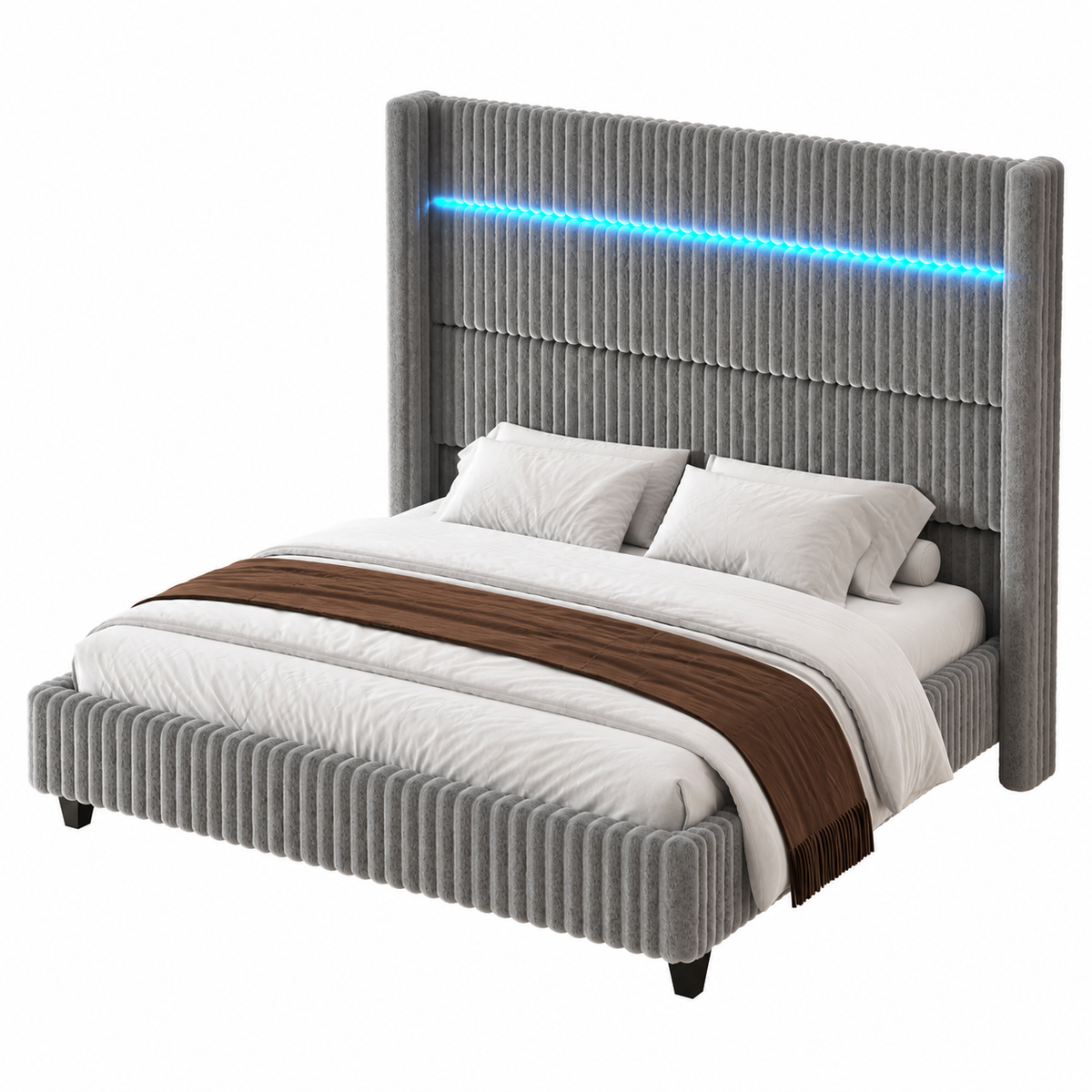 Warren Upholstered Bed Frame with LED Lights-California King-Grey
