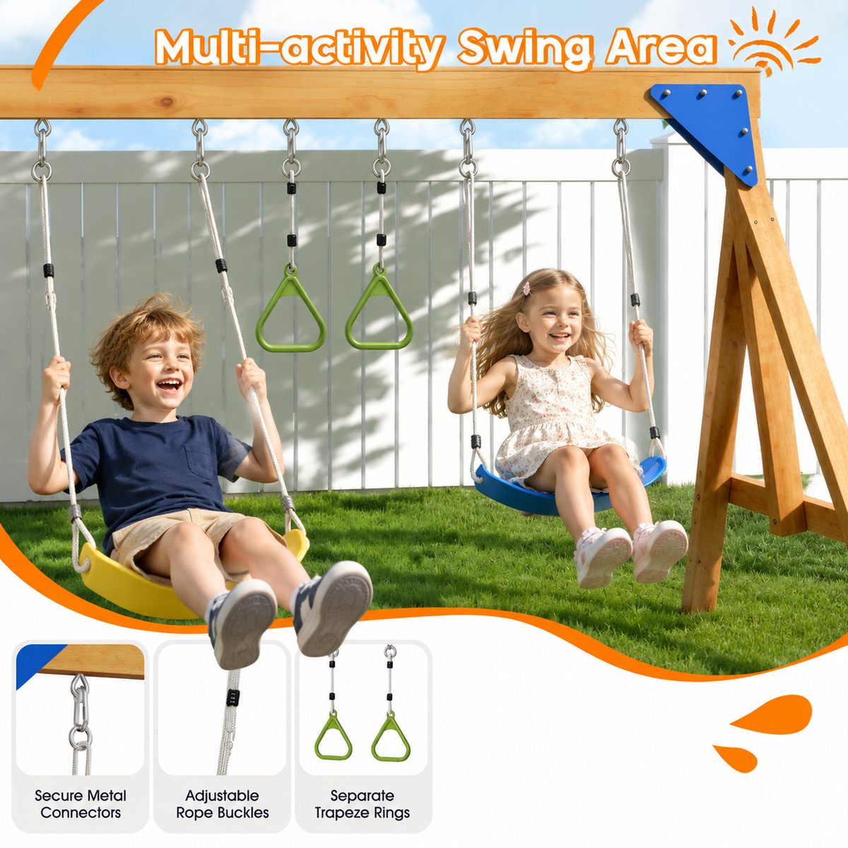 Evertrail Wooden Swing Set with Slide and Climbing Wall-Natural Oak