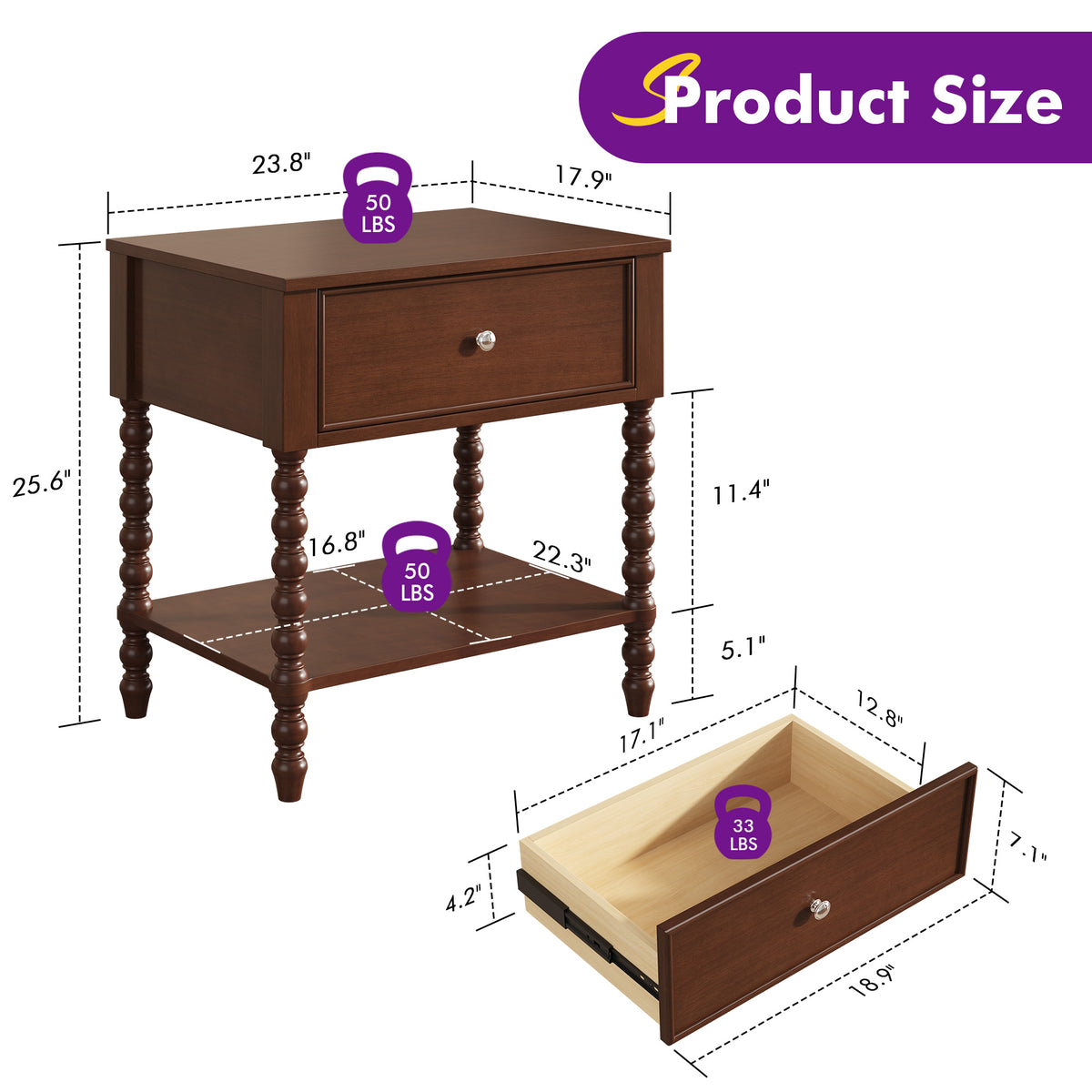 Spindle Solid Wood Nightstand  Dark Walnut / 1PC