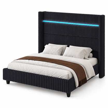 Warren Upholstered Bed Frame with LED Lights-California King-Black