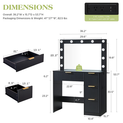 Glow 36.2" Fluted Vanity Desk Amerlife Black