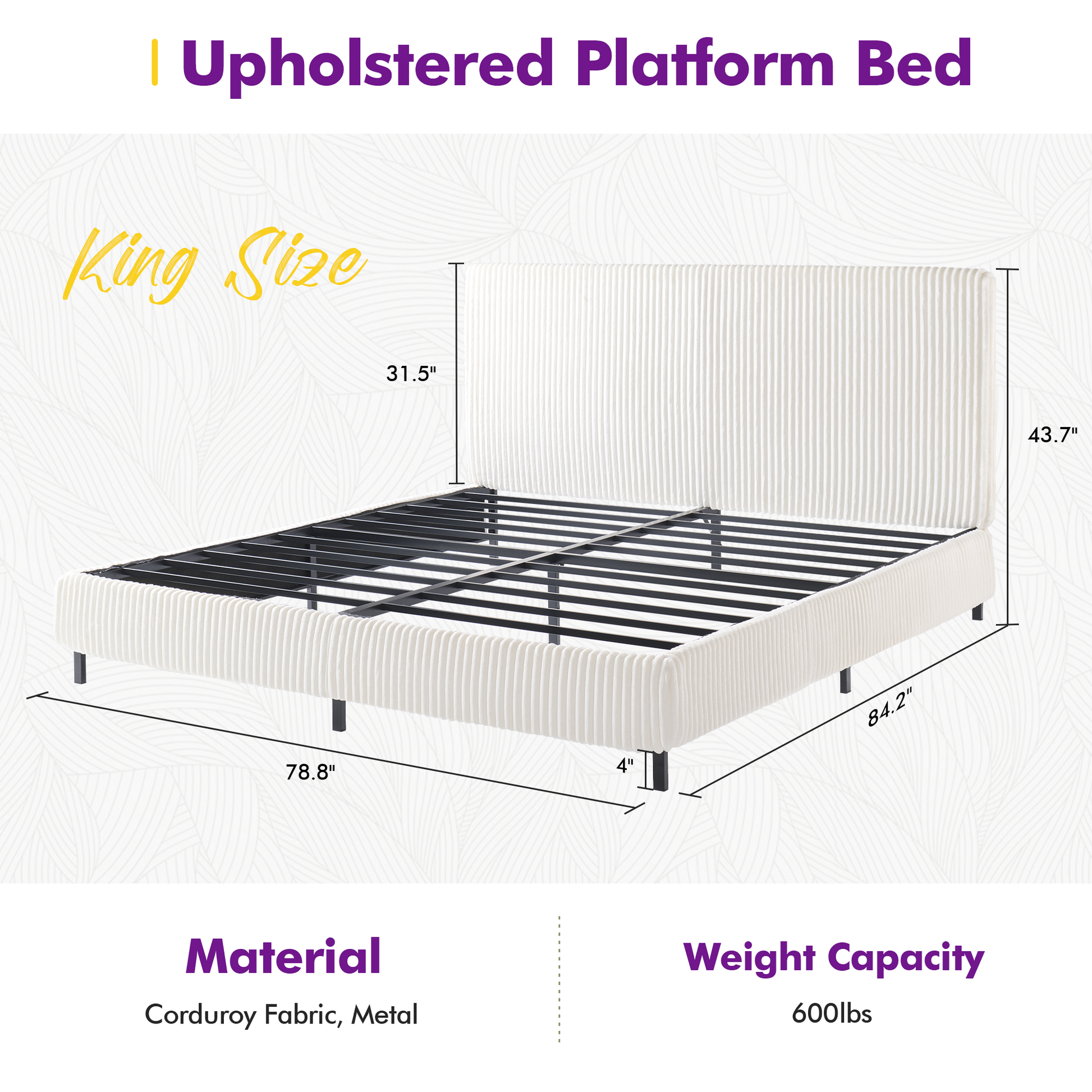 Velmure Corduroy Platform Bed Frame  Queen / Cream