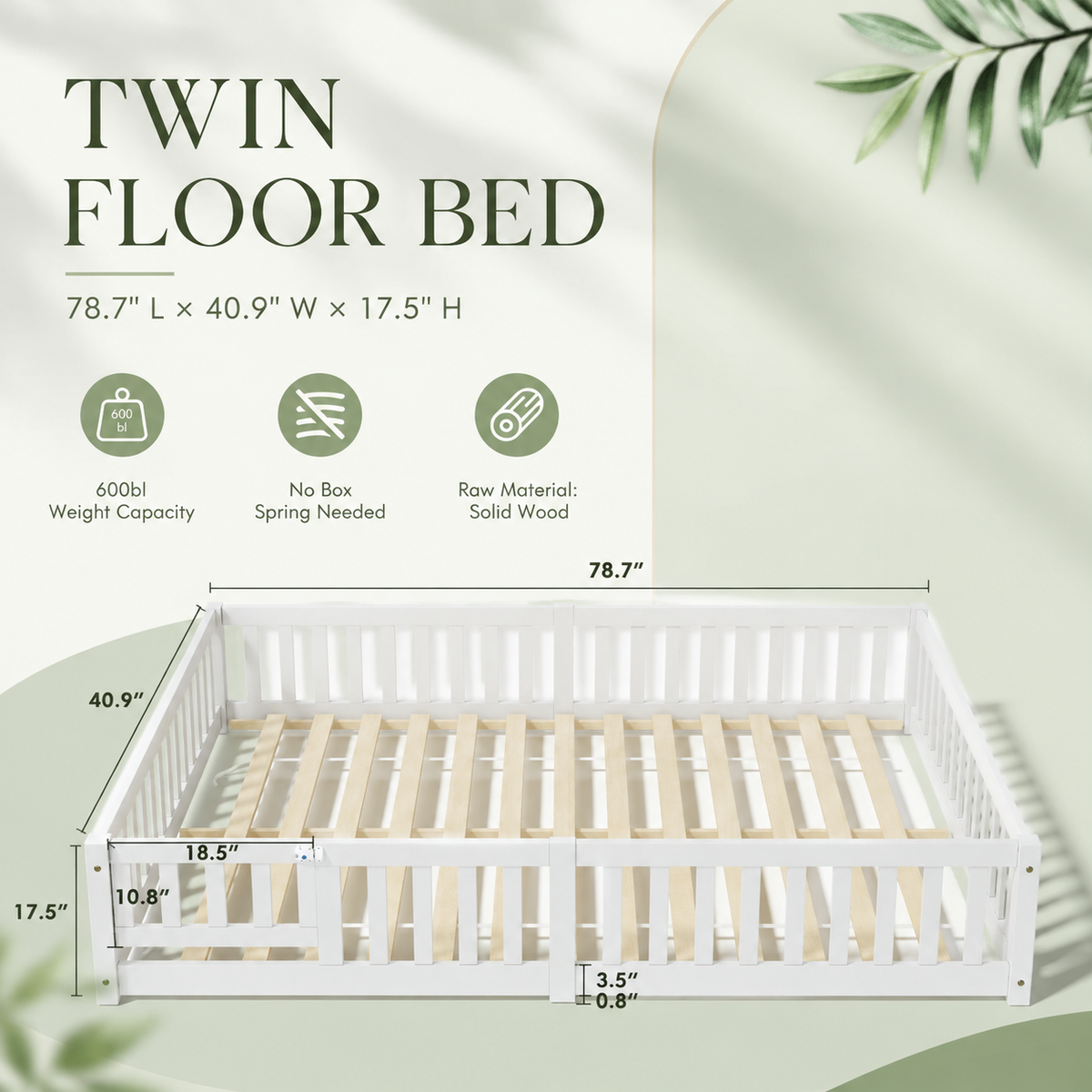 Solid Wood Kids Floor Bed with Safety Rails