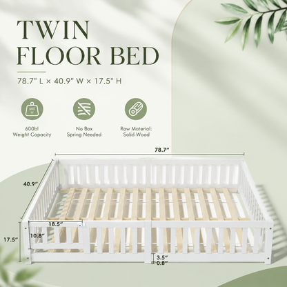Solid Wood Kids Floor Bed with Safety Rails