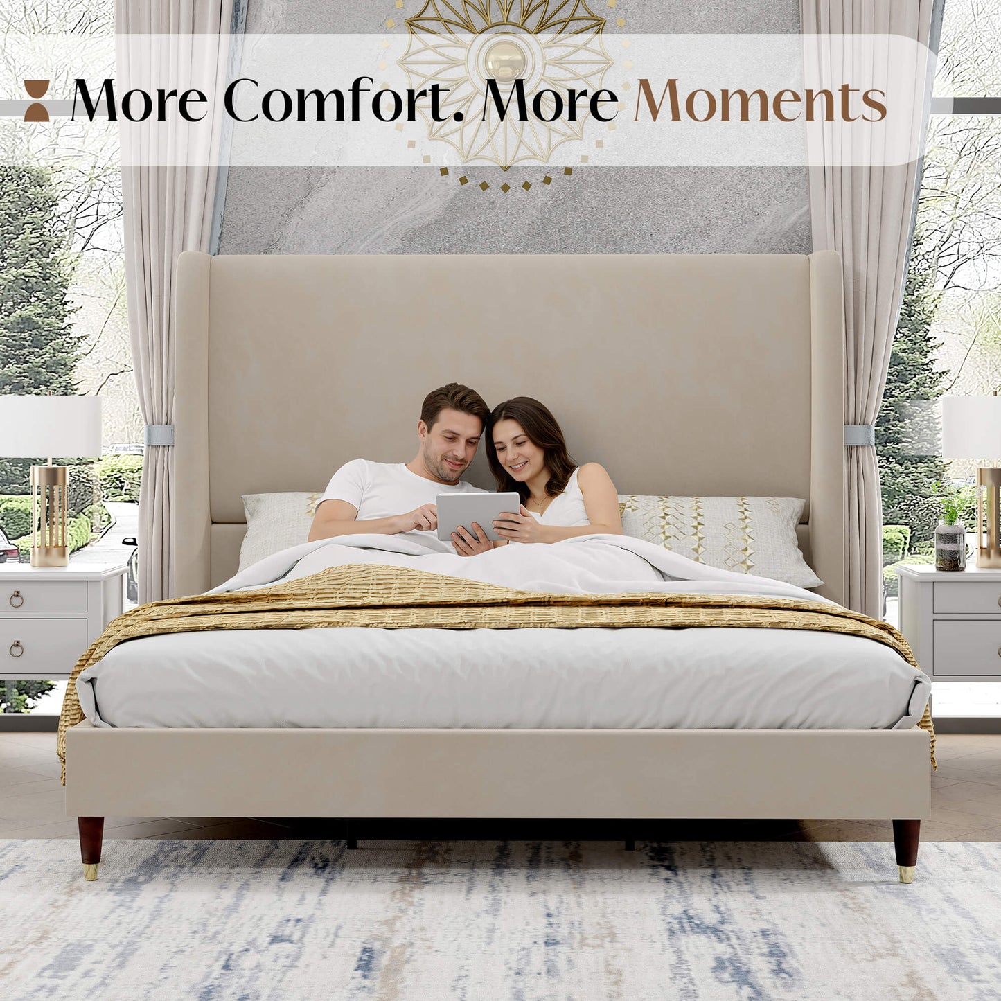 Lanner Bed Frame with Velvet Headboard Amerlife Off-white