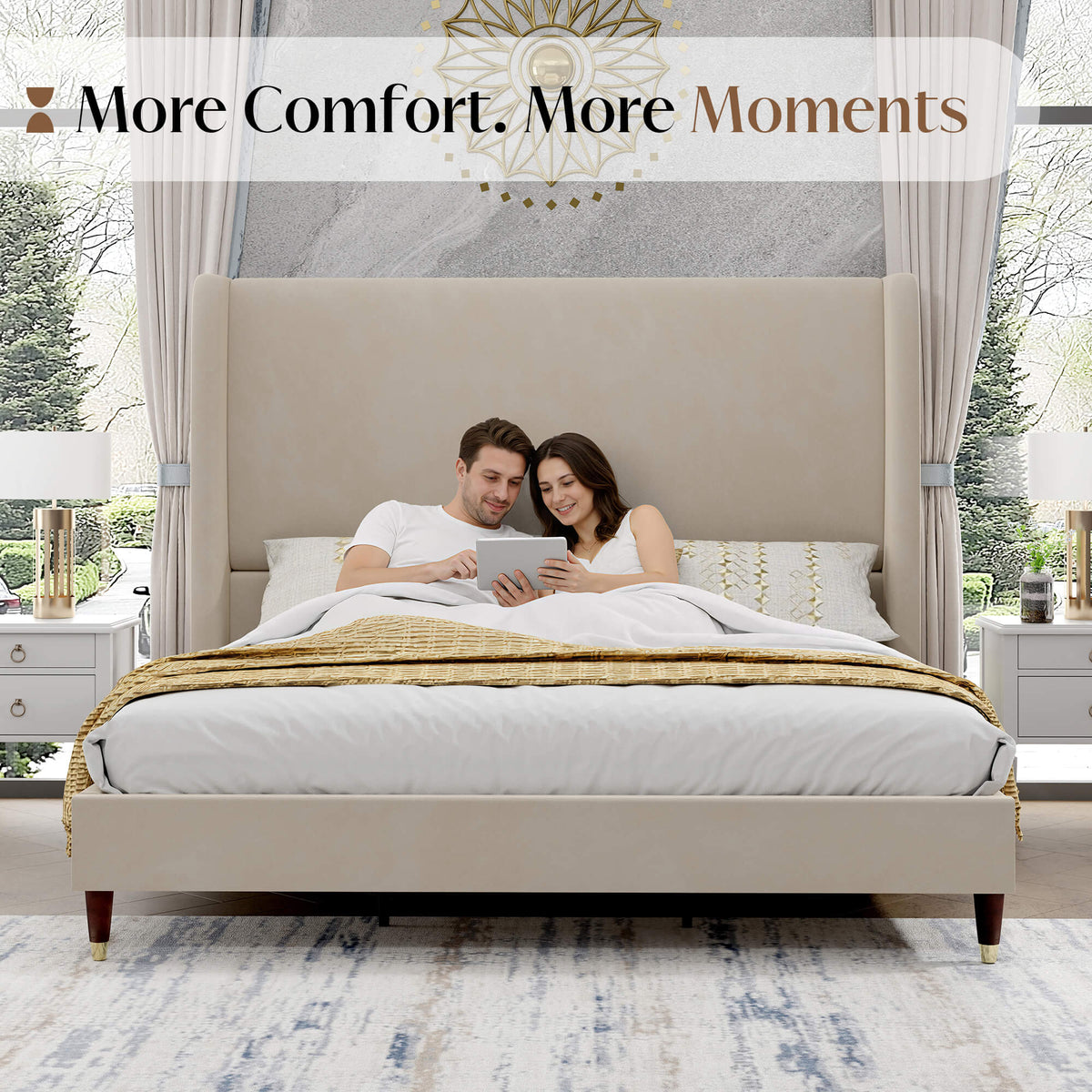 Lanner Bed Frame with Velvet Headboard Amerlife Off-white