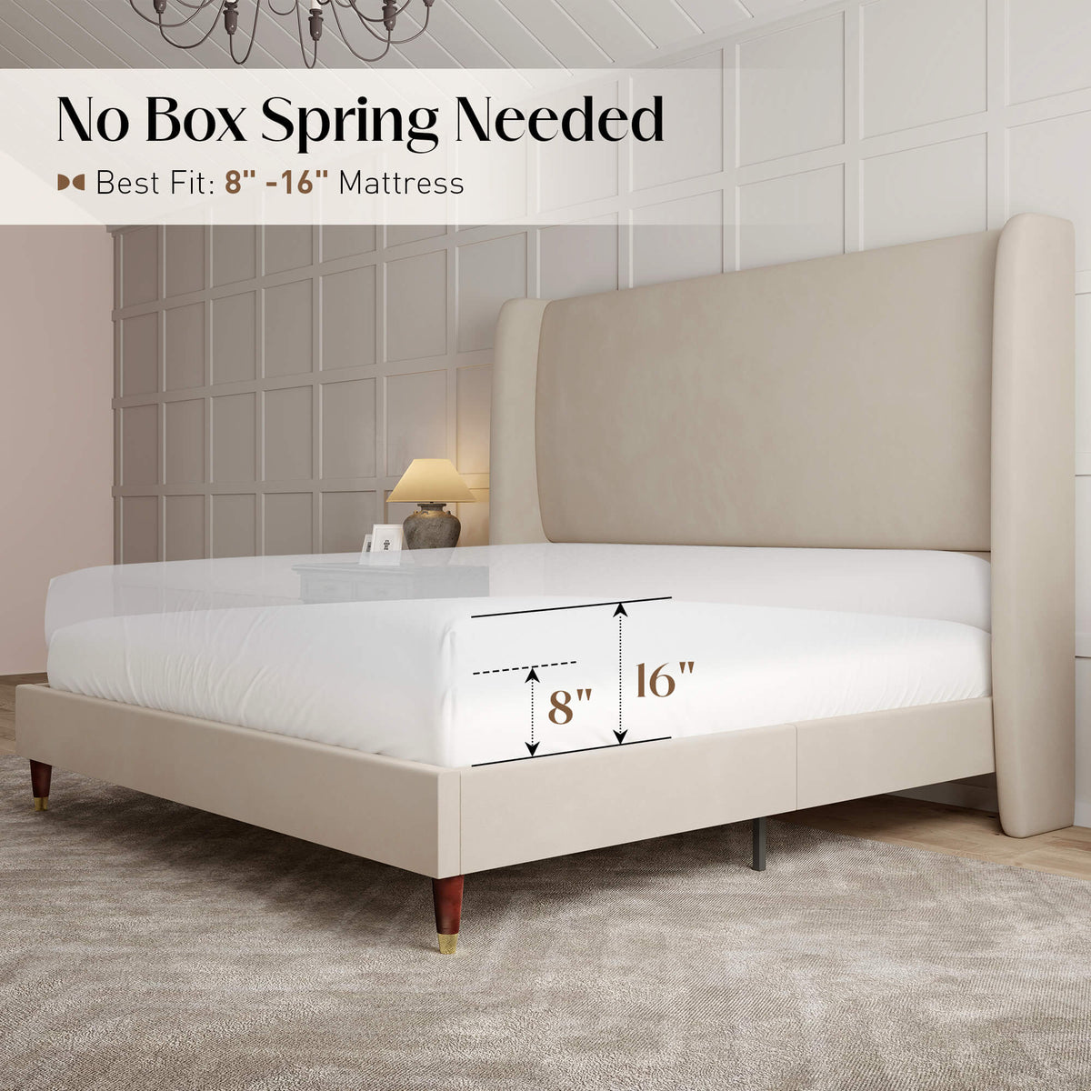 Lanner Bed Frame with Velvet Headboard Amerlife Off-white