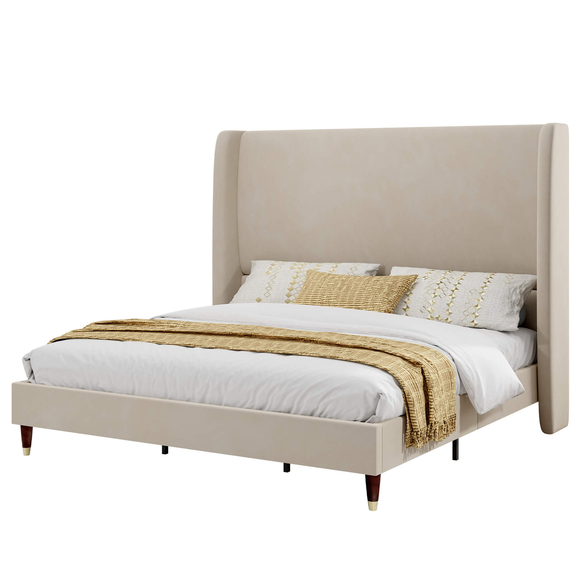 Lanner Bed Frame with Velvet Headboard Amerlife Off-white
