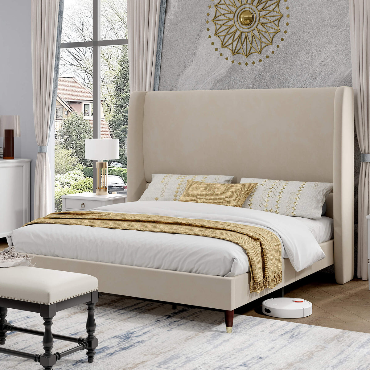 Lanner Bed Frame with Velvet Headboard Amerlife Off-white