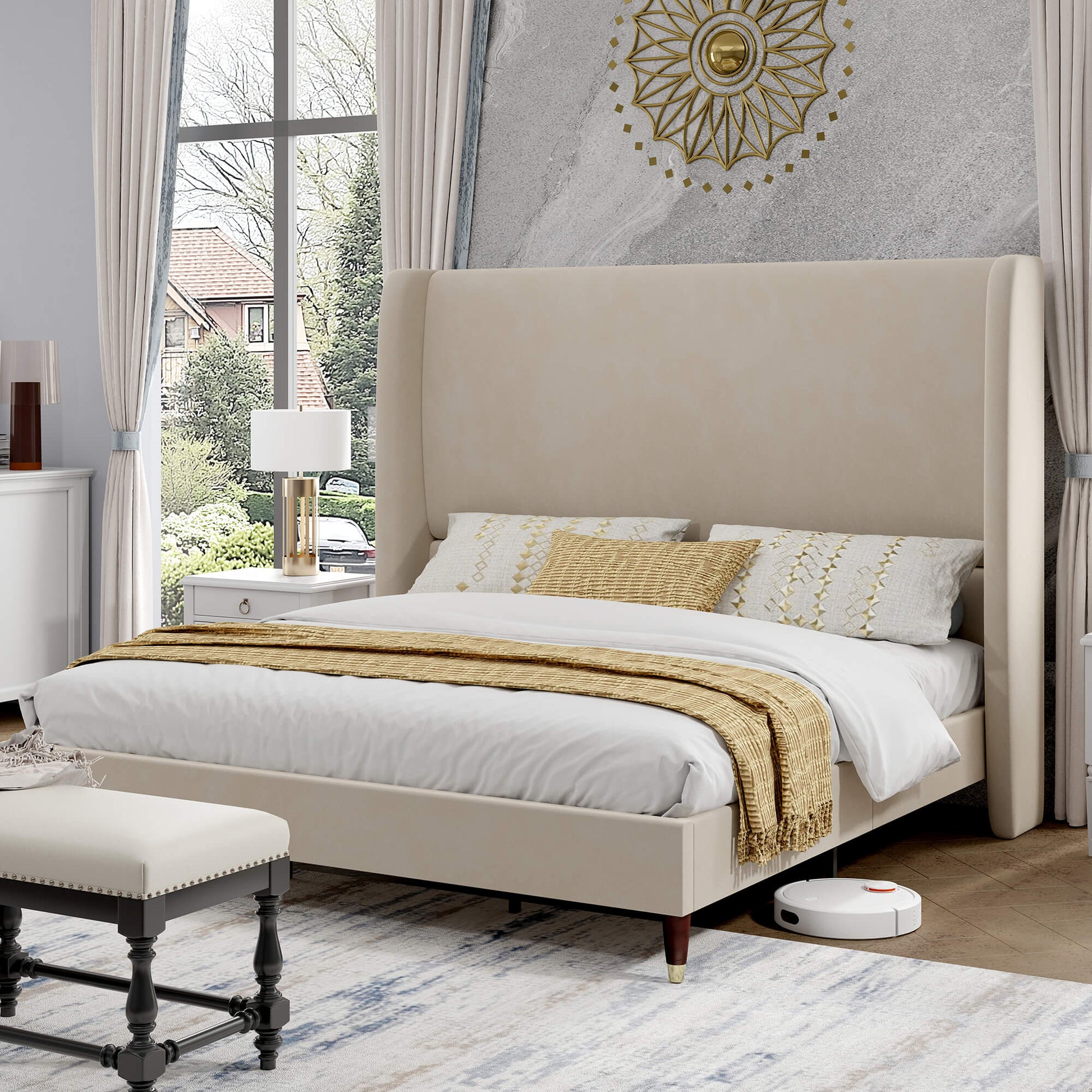 Lanner Bed Frame with Velvet Headboard Amerlife Off-white
