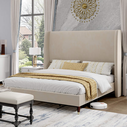 Lanner Bed Frame with Velvet Headboard Amerlife Off-white