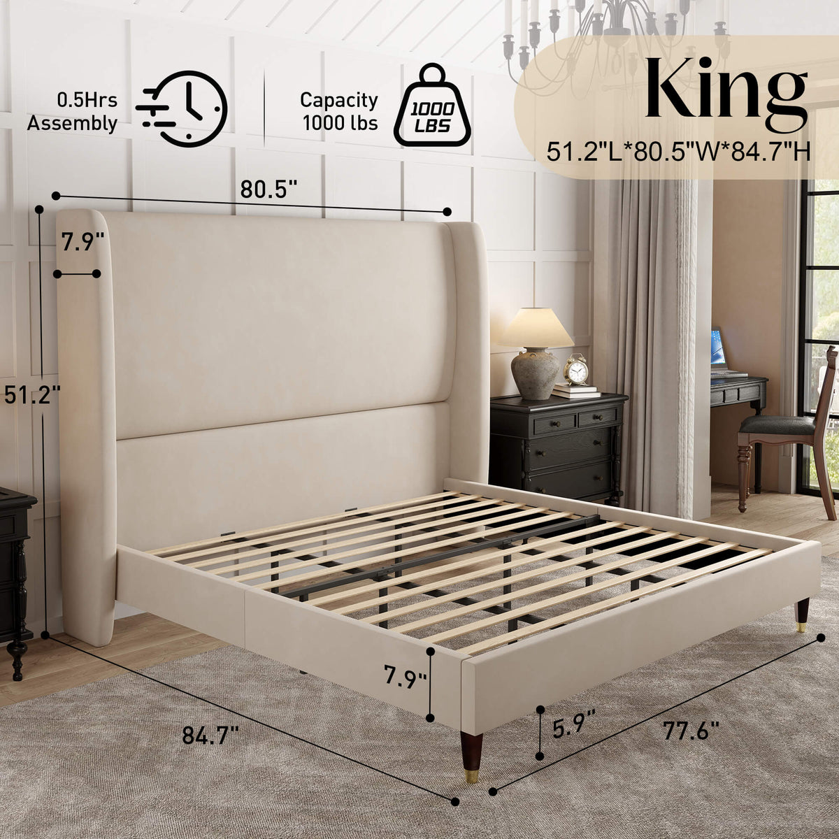 Lanner Bed Frame with Velvet Headboard Amerlife Off-white