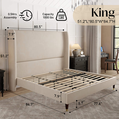 Lanner Bed Frame with Velvet Headboard Amerlife Off-white