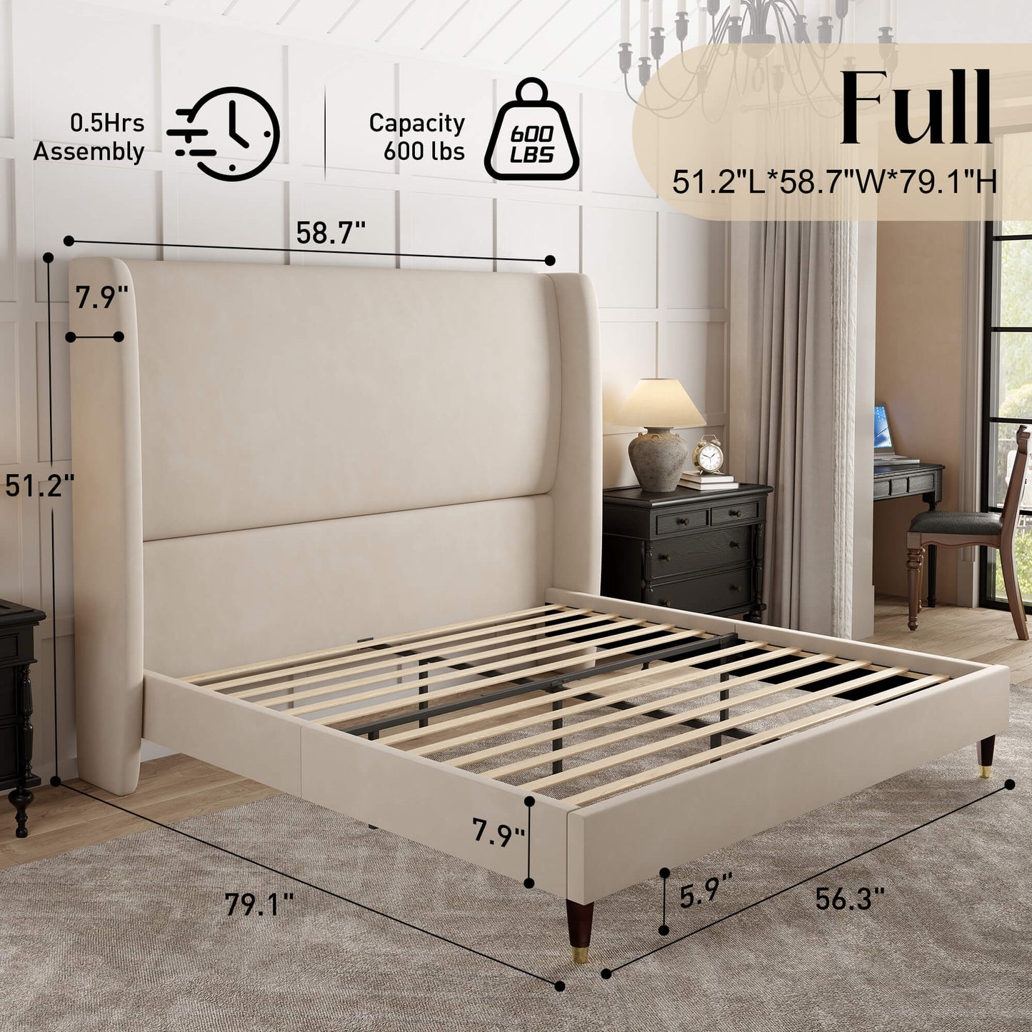 Lanner Bed Frame with Velvet Headboard Amerlife Off-white