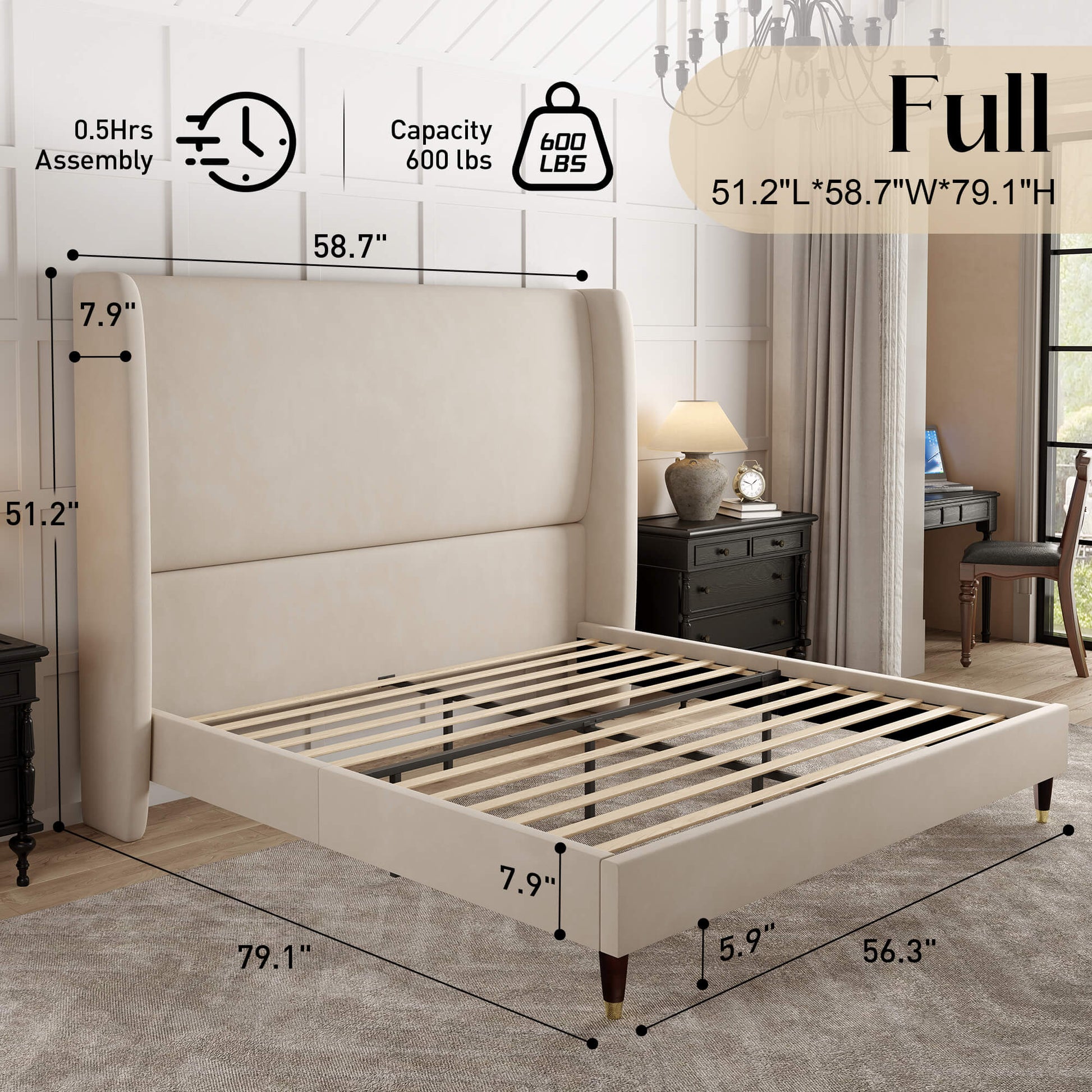 Lanner Bed Frame with Velvet Headboard Amerlife Off-white