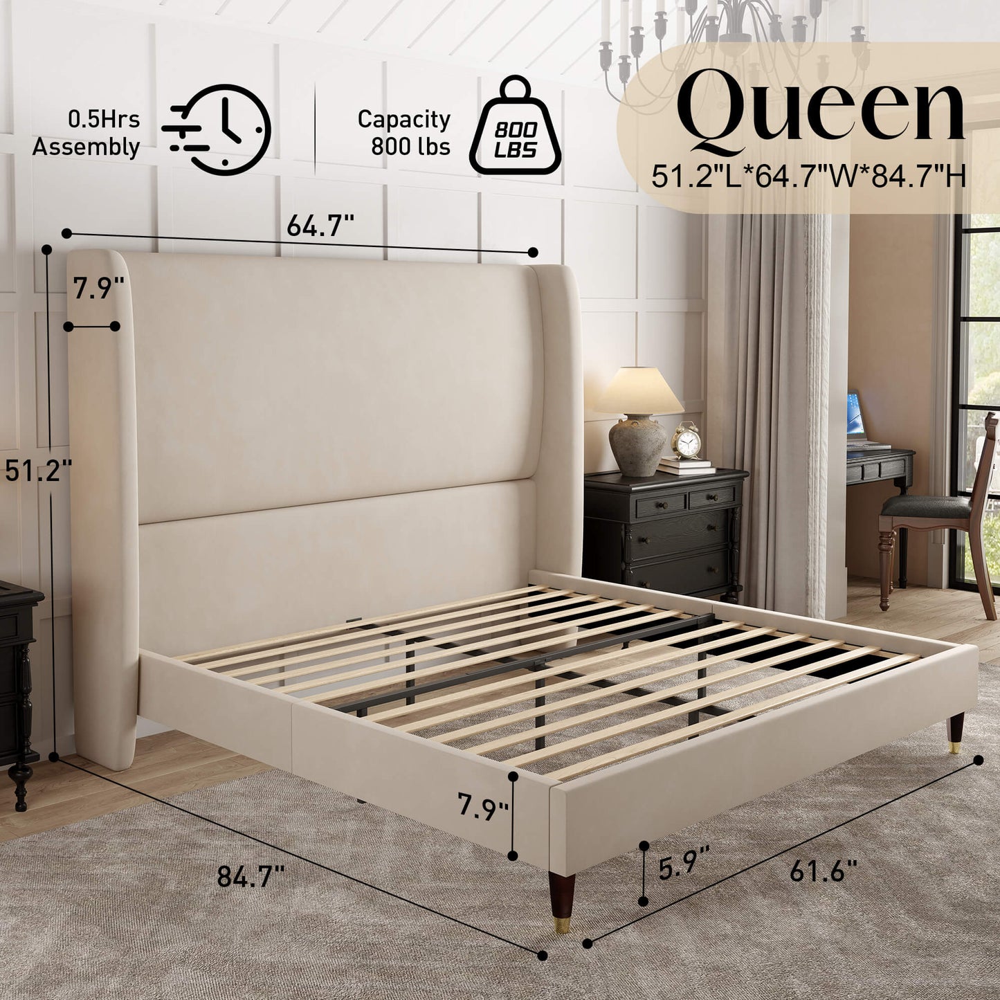 Lanner Bed Frame with Velvet Headboard Amerlife Off-white