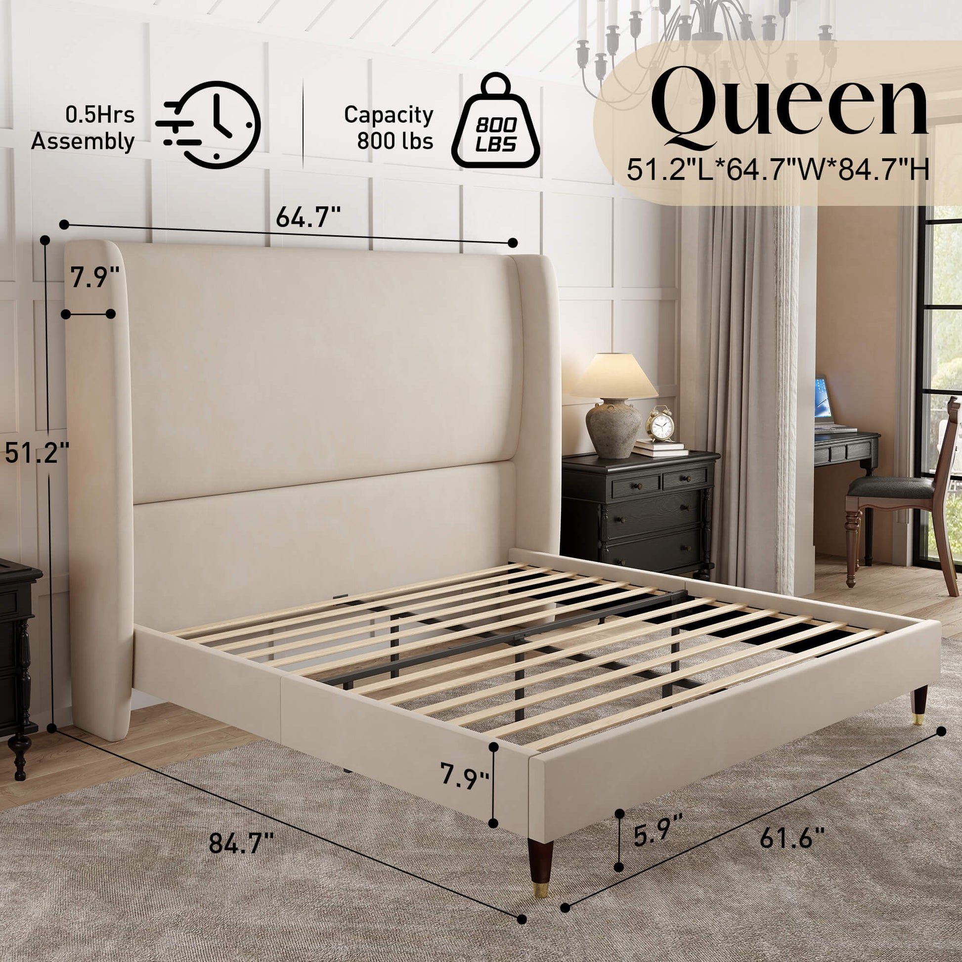 Lanner Bed Frame with Velvet Headboard Amerlife Off-white