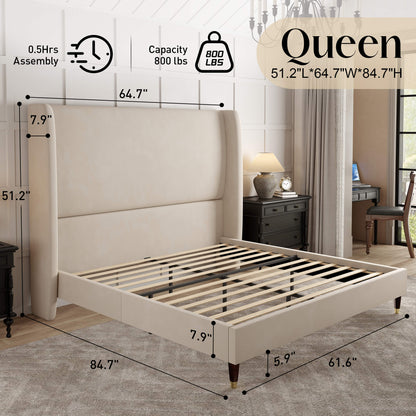 Lanner Bed Frame with Velvet Headboard Amerlife Off-white
